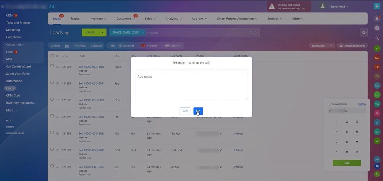 TPS проверка сработала. Оператор оставляет комментарий - причину разговора.